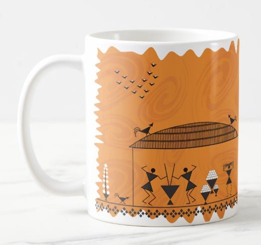 A Day in the Life of Warli Coffee Mug - Purple Ray Art & Design