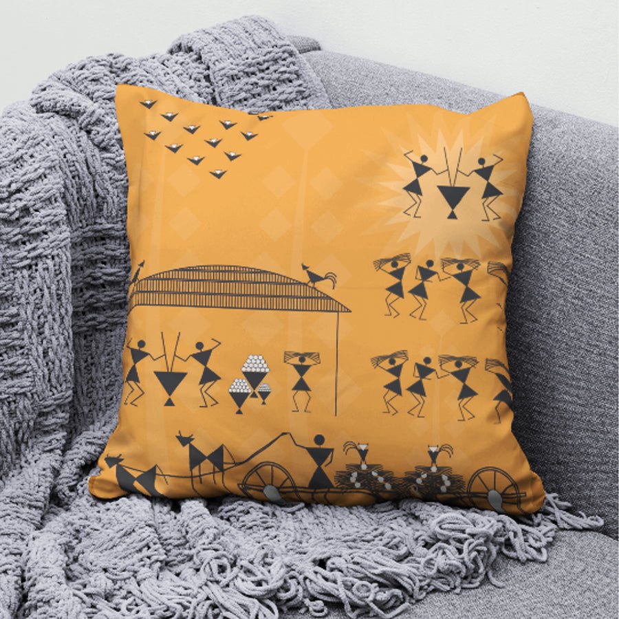A Day in the Life of Warli - Pillow - Purple Ray Art & Design