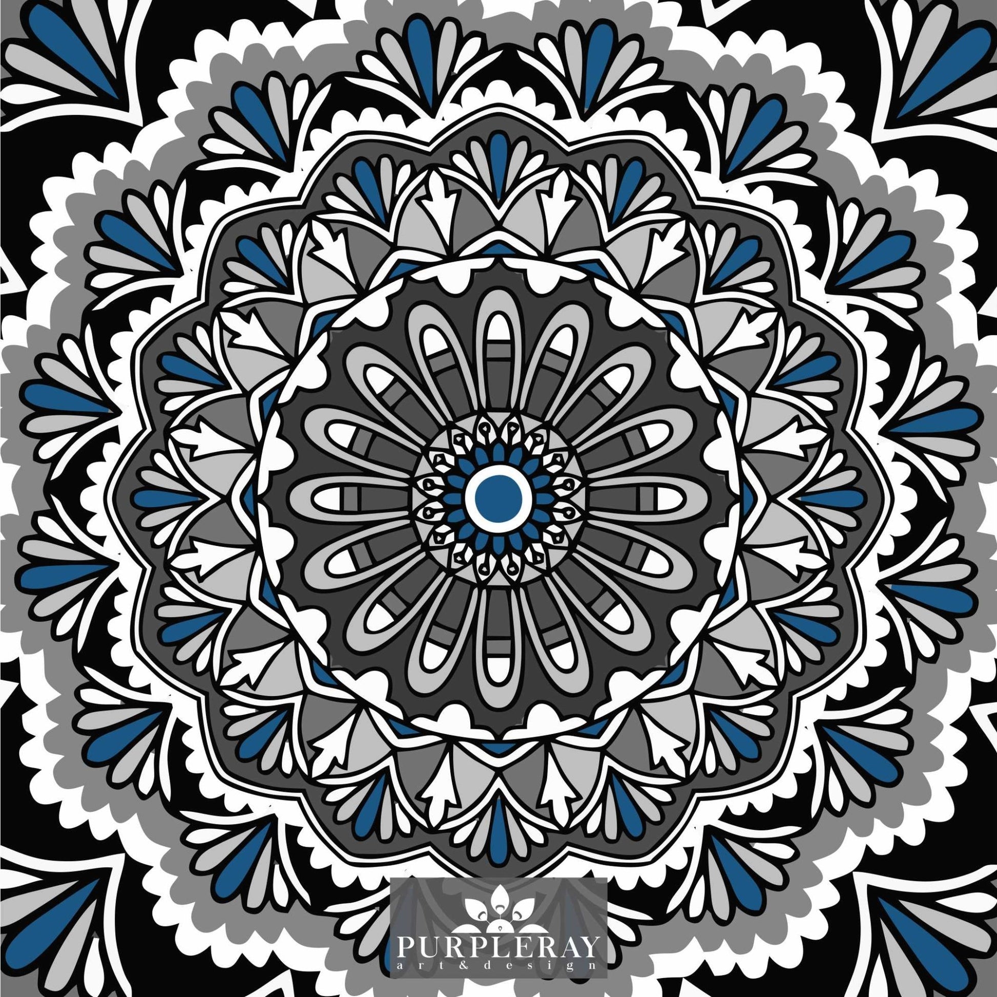 Blue and Black Flower Mandala Trivet - Purple Ray Art & Design