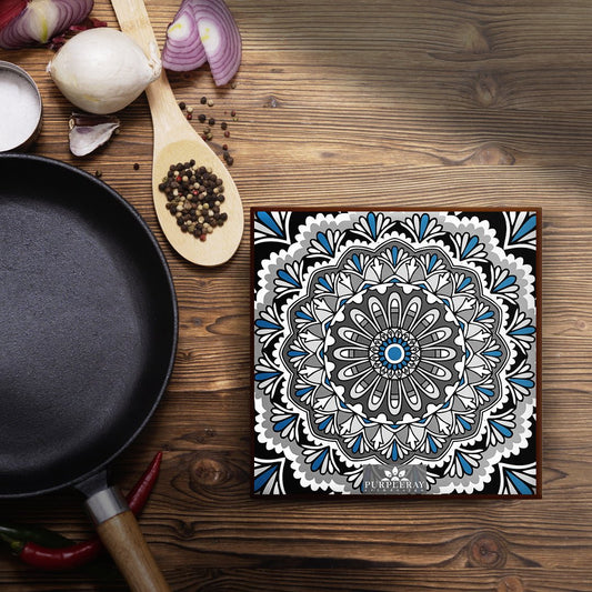 Blue and Black Flower Mandala Trivet - Purple Ray Art & Design