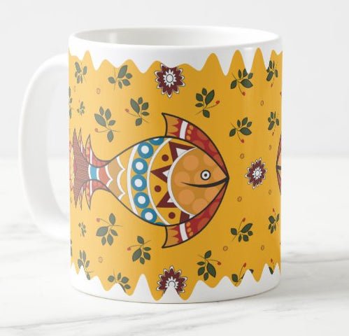 Madhubani Fish (Yellow) Coffee Mug - Purple Ray Art & Design