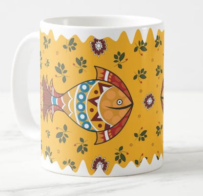 Madhubani Fish (Yellow) Coffee Mug - Purple Ray Art & Design