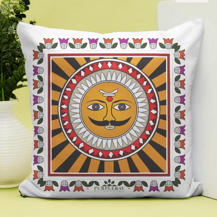 Madhubani Sun Cushion Cover - Purple Ray Art & Design